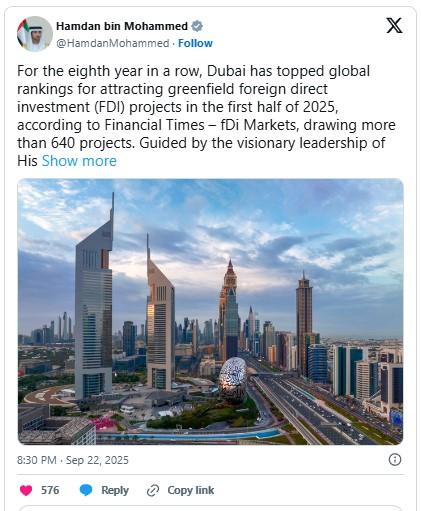 富豪配资 迪拜绿地FDI遥遥领先 上半年项目数创全球城市最高纪录